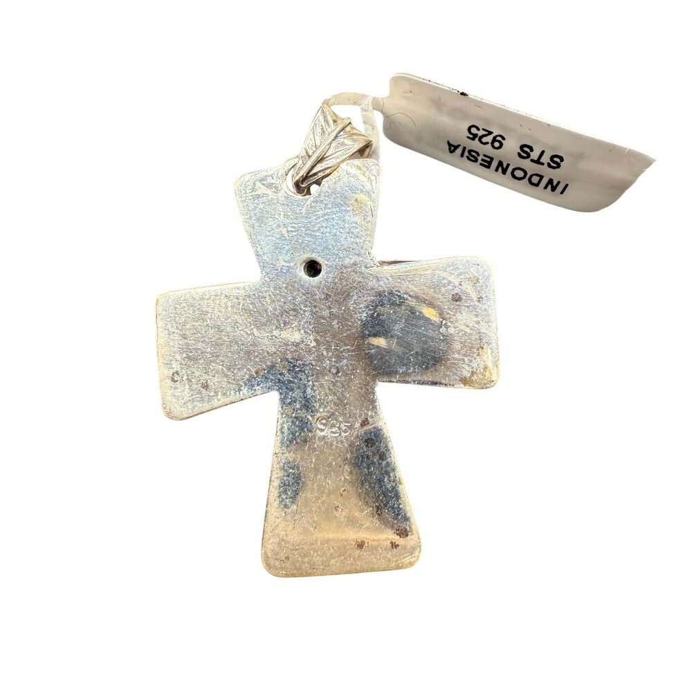 STS 925 Sterling Silver Indonesia Hammered Leaf Cross Pendant Bohemian - Picture 3 of 5